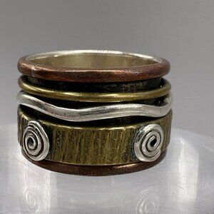Mixed Metal Wide Spinner Ring Sterling Silver Brass Copper Spiral Band Sz 6.5